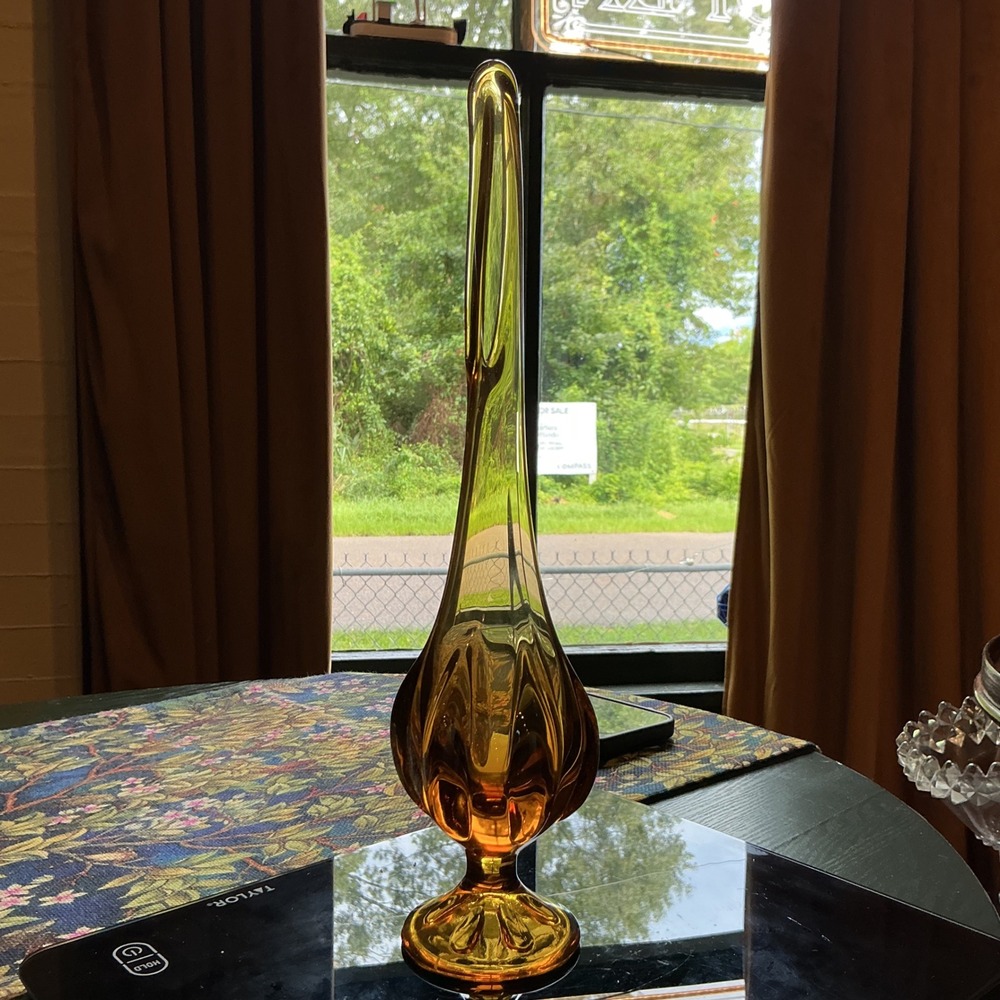 Vintage MCM Viking Glass Six Petal Swung 12" Vase Amber Art Glass
